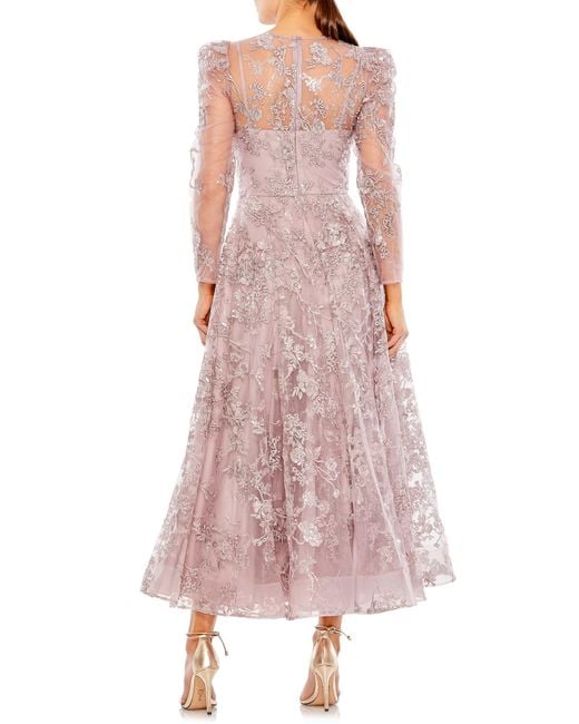 Mac Duggal Pink Sequin Floral Long Sleeve Tulle Midi Dress
