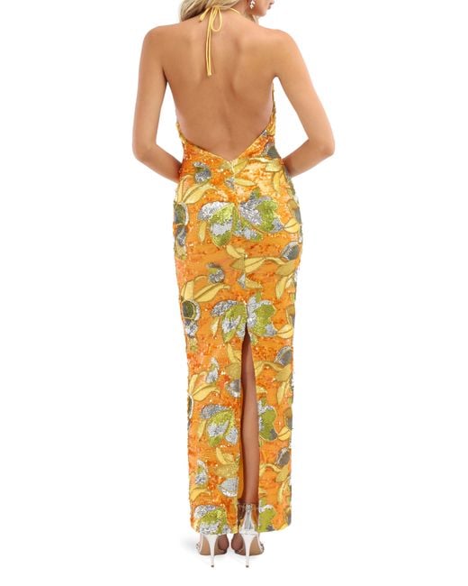HELSI Yellow Uma Floral Sequin Halter Neck Sheath Gown