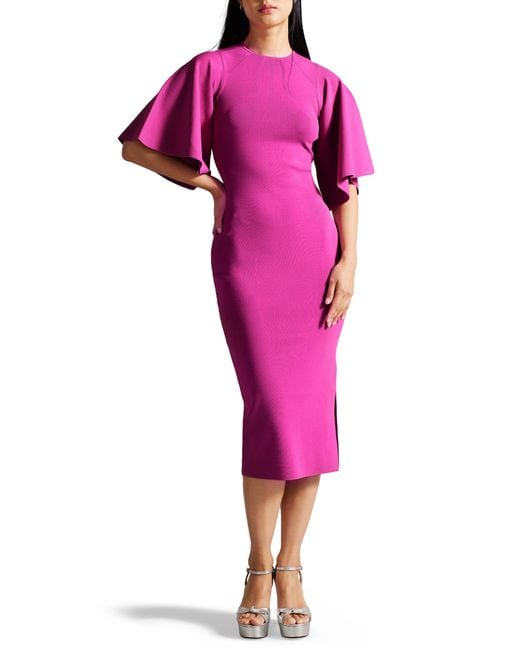 Ted Baker Pink Lounia Fluted Sleeve Body-con Sweater Dress