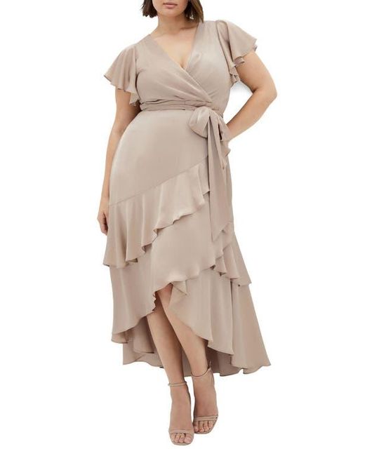 City Chic Women's Natural Jen Ruffle Faux Wrap Satin Dress