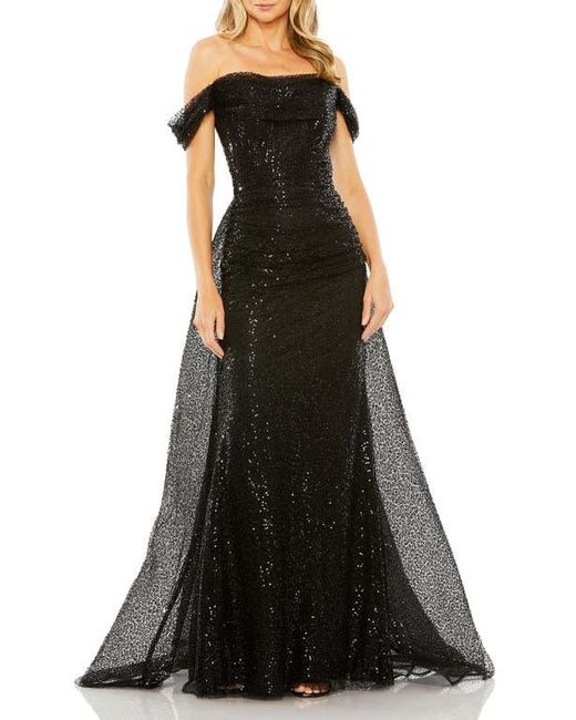 Mac Duggal Black Off The Shoulder Sequin Panel Train Gown
