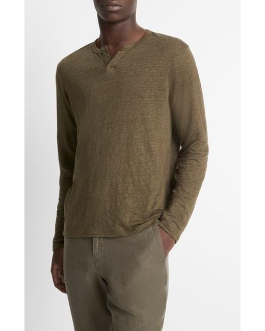Vince Green Notch Neck Long Sleeve Slub Linen T-Shirt for men