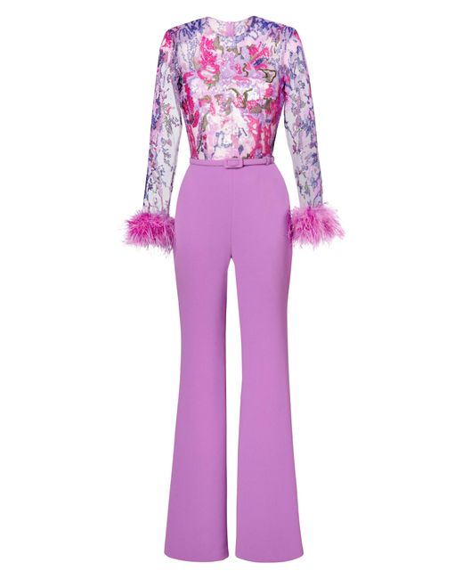 Nadine Merabi Purple Michaela Ostrich & Turkey Feather Belted Long Sleeve Jumpsuit