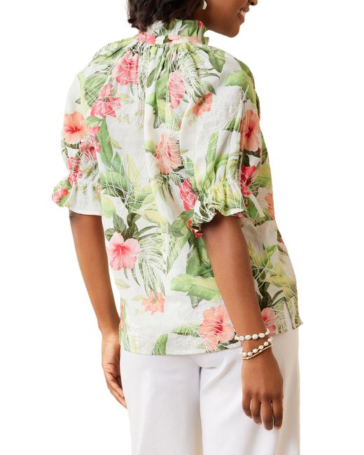 Tommy Bahama Green Daybreak Hibiscus Embroidery Linen Top