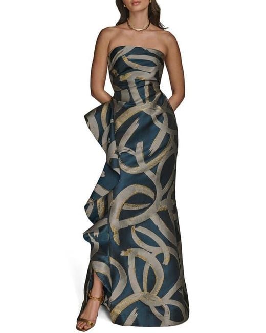 Donna Karan Green Ruffle Strapless Metallic Jacquard Trumpet Gown