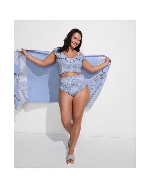Lands' End Blue Pique Ruffle Tankini Top And High Waisted Bottom Swimsuit Set
