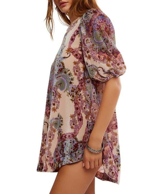 Free People Multicolor Maye Print Puff Sleeve Velvet Tunic Top