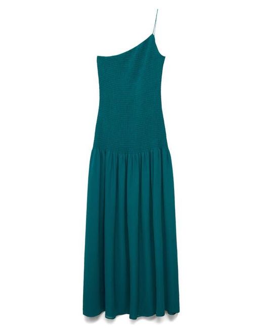Mango Green Asymmetric Smocked One-Shoulder Midi Dress