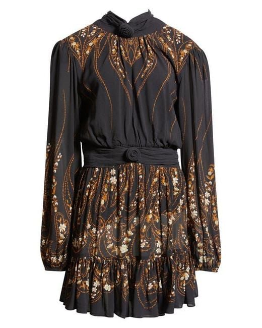farm rio garden silhouette long sleeve dress Farm Rio Black Garden 3D Rose Long Sleeve Ruffled Mini Dress