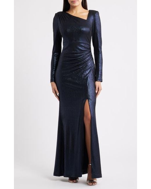 Eliza J Ruched Asymmetric Neck Long Sleeve Maxi Dress in Blue | Lyst Eliza J Ruched Asymmetric Neck Long Sleeve Maxi Dress in Blue | Lyst
