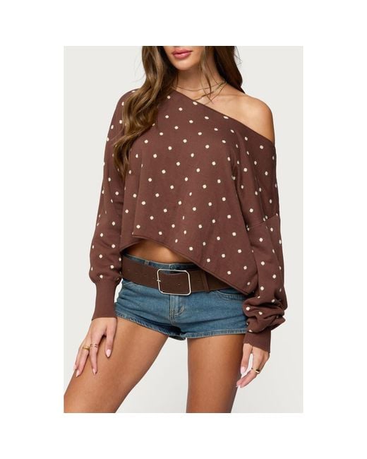 Edikted Brown Oversize Off The Shoulder Polka Dot Sweater