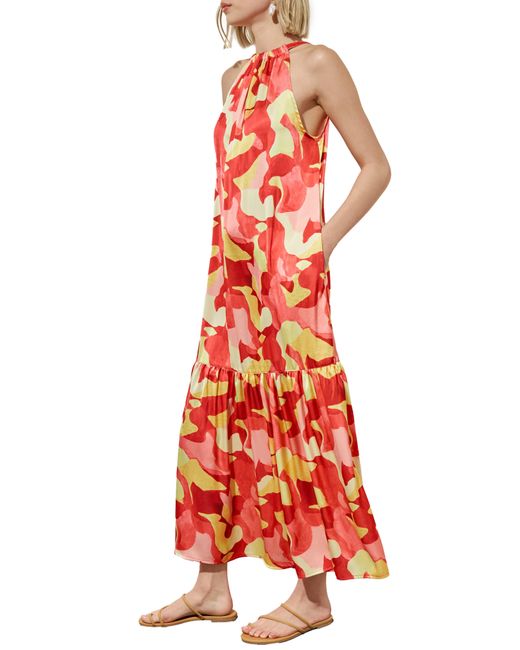 Ming Wang Red Floral Sleeveless Ruffle Hem Maxi Dress