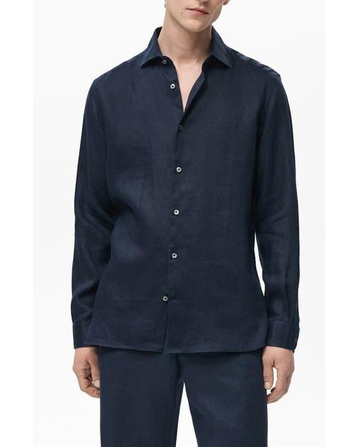 Mango Blue Slim Fit Linen Button-Up Shirt for men