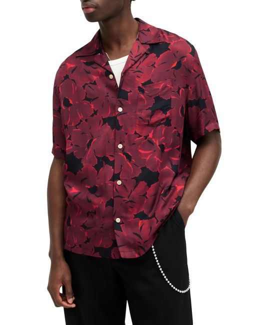 AllSaints Red Kaza Relaxed Fit Floral Camp Shirt for men