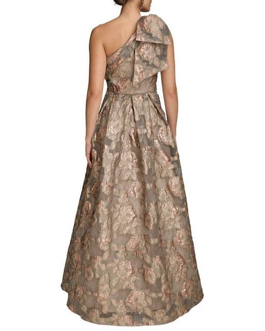 Donna Karan Brown One-Shoulder Metallic Jacquard Gown