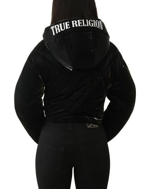 True Religion Black High Shine Hooded Crop Puffer Jacket
