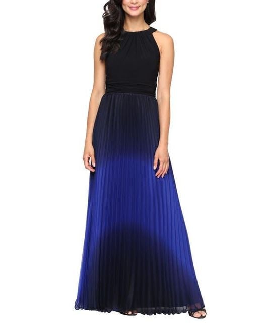 Sl Fashions Women's Blue Pleated Ombré Chiffon Halter Gown