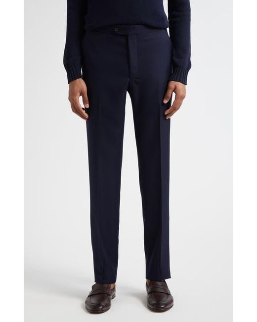 Thom Sweeney Blue Flat Front Wool Hopsack Pants for men