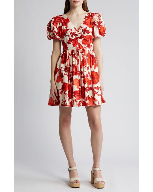 Chelsea28 Red Floral Puff Sleeve Cotton Dress
