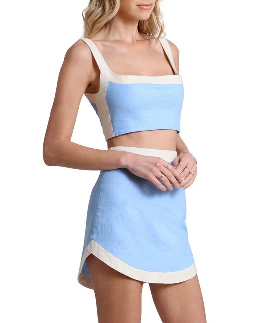 Avec Les Filles Blue Colorblock Linen Blend Crop Top & Miniskirt Set