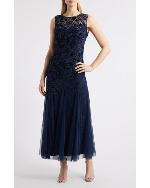 Pisarro Nights Women's Blue Geometric Beaded Sleeveless Gown Pisarro Nights Women's Blue Geometric Beaded Sleeveless Gown