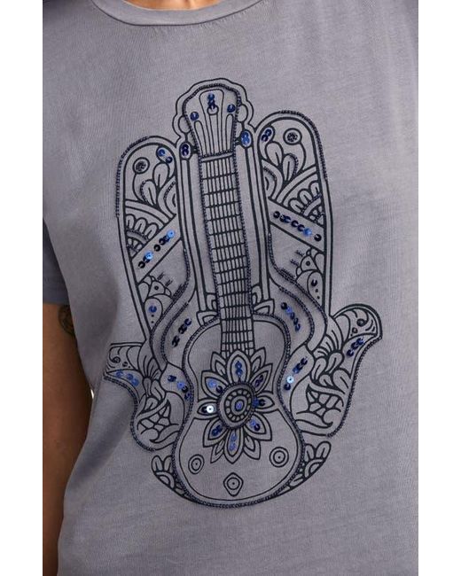 Lucky Brand Gray Guitar Hamsa Embellished Cotton Graphic T-Shirt