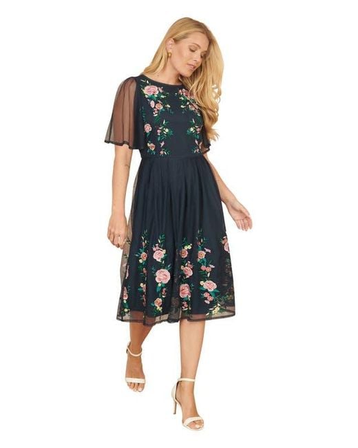 Yumi' Blue Embroidered Mesh Sleeve Prom Dress