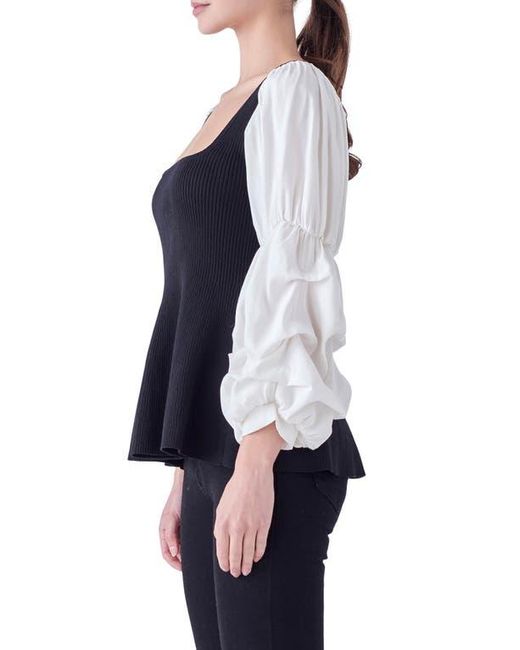 English Factory Blue Mixed Media Rib Top