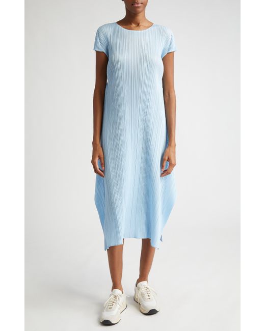 Pleats Please Issey Miyake Blue Monthly Colors June Pleated Short Sleeve Midi Dress