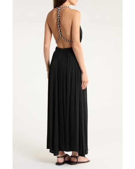 Elan Black Plunge Tie Belt Maxi Cover-Up Dress