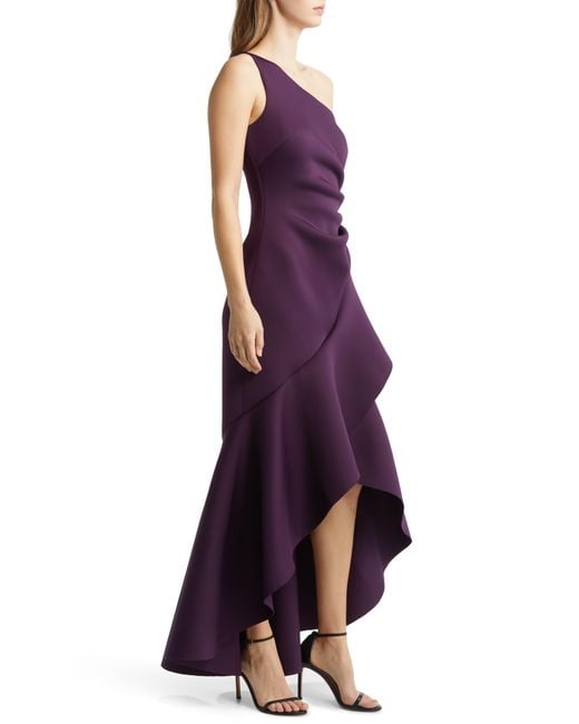 Eliza J Purple One-shoulder Side Pleat Ruffle Gown