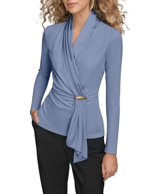 Donna Karan Blue Wrap Front Long Sleeve Top