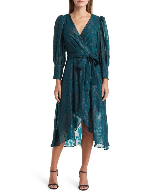 Eliza J Blue Metallic Floral Jacquard Long Sleeve Dress