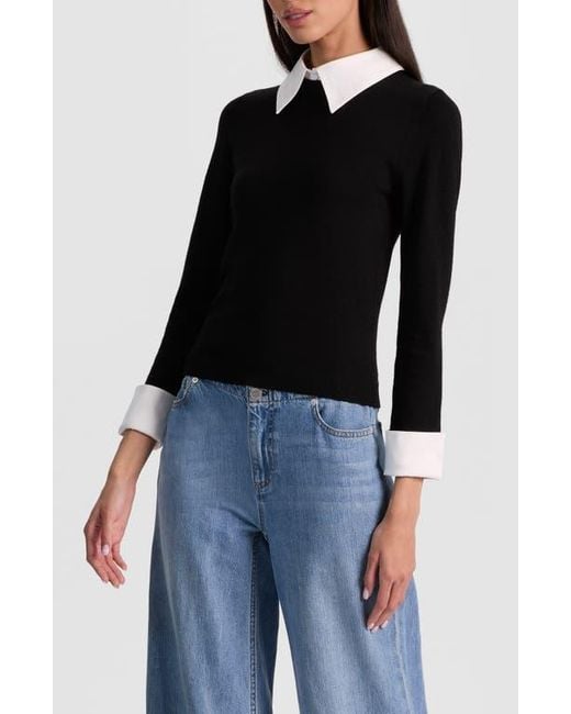 Alice + Olivia Black Porla Collared Wool Blend Mixed Media Sweater