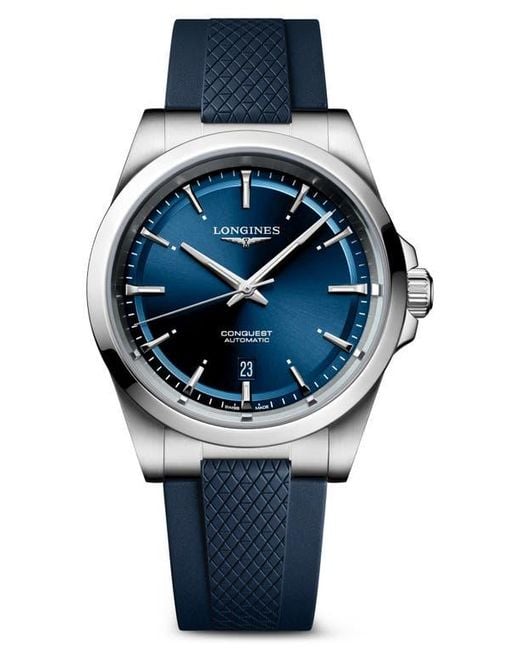 Longines Metallic Conquest Automatic Rubber Strap Watch, 41Mm for men