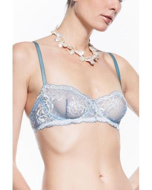 Mers Silk Blue Sky Lace Balconette Bra Sheer Underwire Unlined Luxury Support