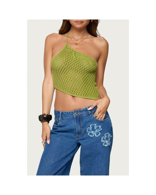 Edikted Green Daley Asymmetric One-Shoulder Sheer Crop Top