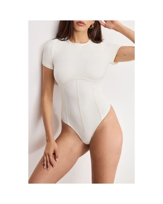 GOOD AMERICAN Brown Corset Scuba Bodysuit