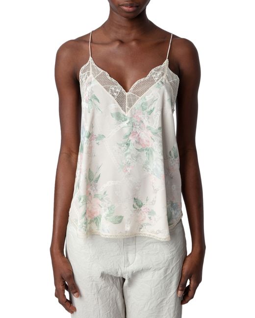 Zadig & Voltaire Multicolor Christy Jac Chains Faded Lace Trim Silk Camisole