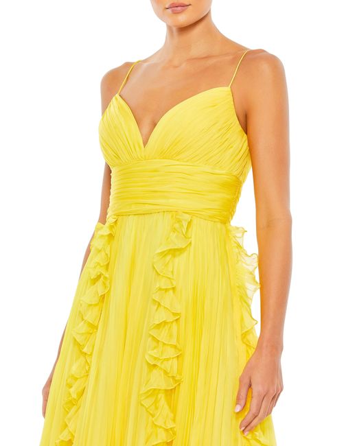 Ieena for Mac Duggal Yellow Ruffle Pleat Sleeveless Gown