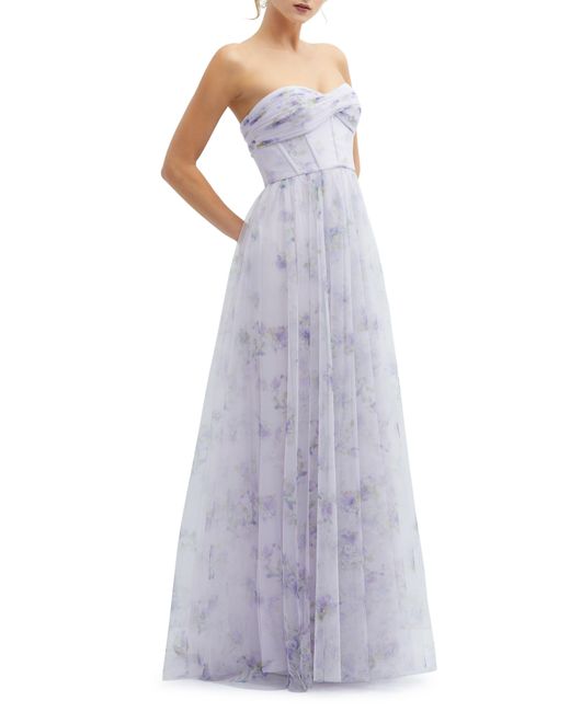Dessy Collection Purple Floral Print Strapless Tulle