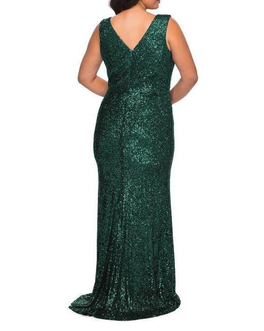 La Femme Green Long Sequin Plus Size Gown With V-Neck