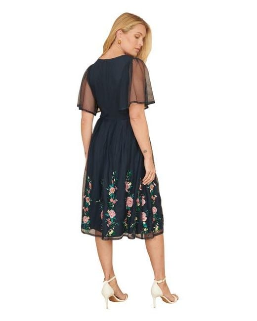 Yumi' Blue Embroidered Mesh Sleeve Prom Dress