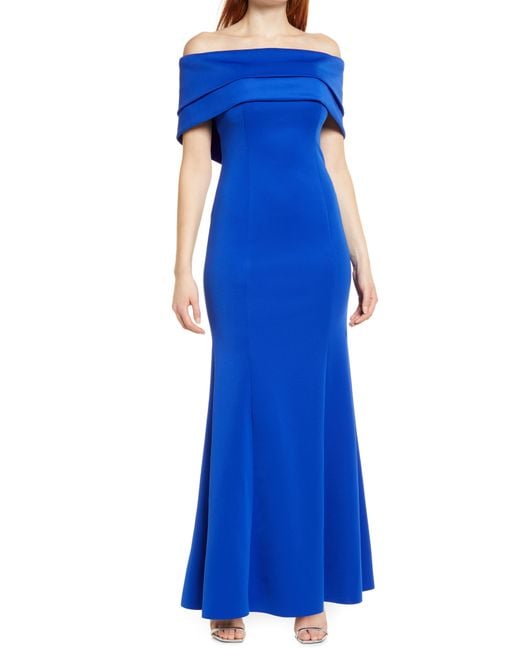 Vince Camuto Blue Off The Shoulder Double Collar Organza Gown