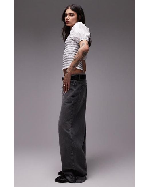 TOPSHOP Gray V-Neck Puff Sleeve Shirred Top