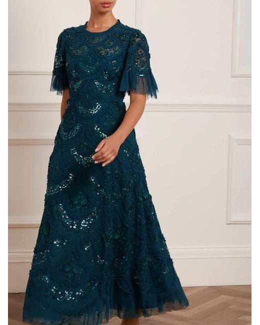 Needle & Thread Blue Carmen Ruffle Maxi Dress