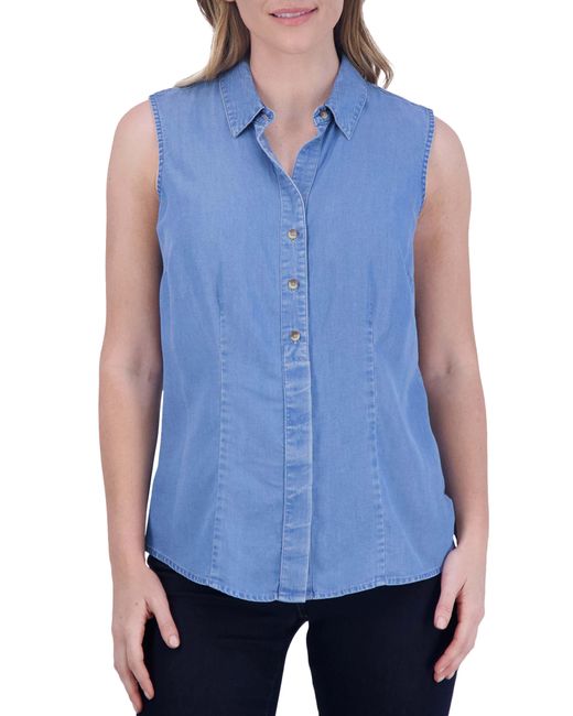 Foxcroft Blue Ashley Sleeveless Chambray Button-up Shirt