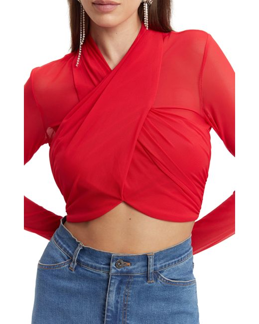 Bardot Red Aliyah Long Sleeve Crop Top