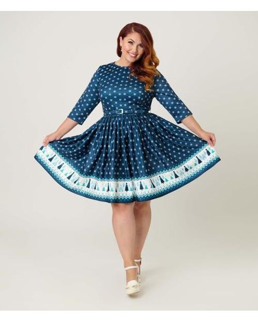 Unique Vintage Women's Blue Plus Size Boat Neck Belted Stephanie Fit & Flare  Dress