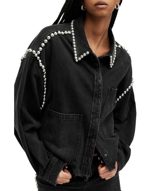 AllSaints Black Nicky Stud Raw Hem Denim Shirt Jacket
